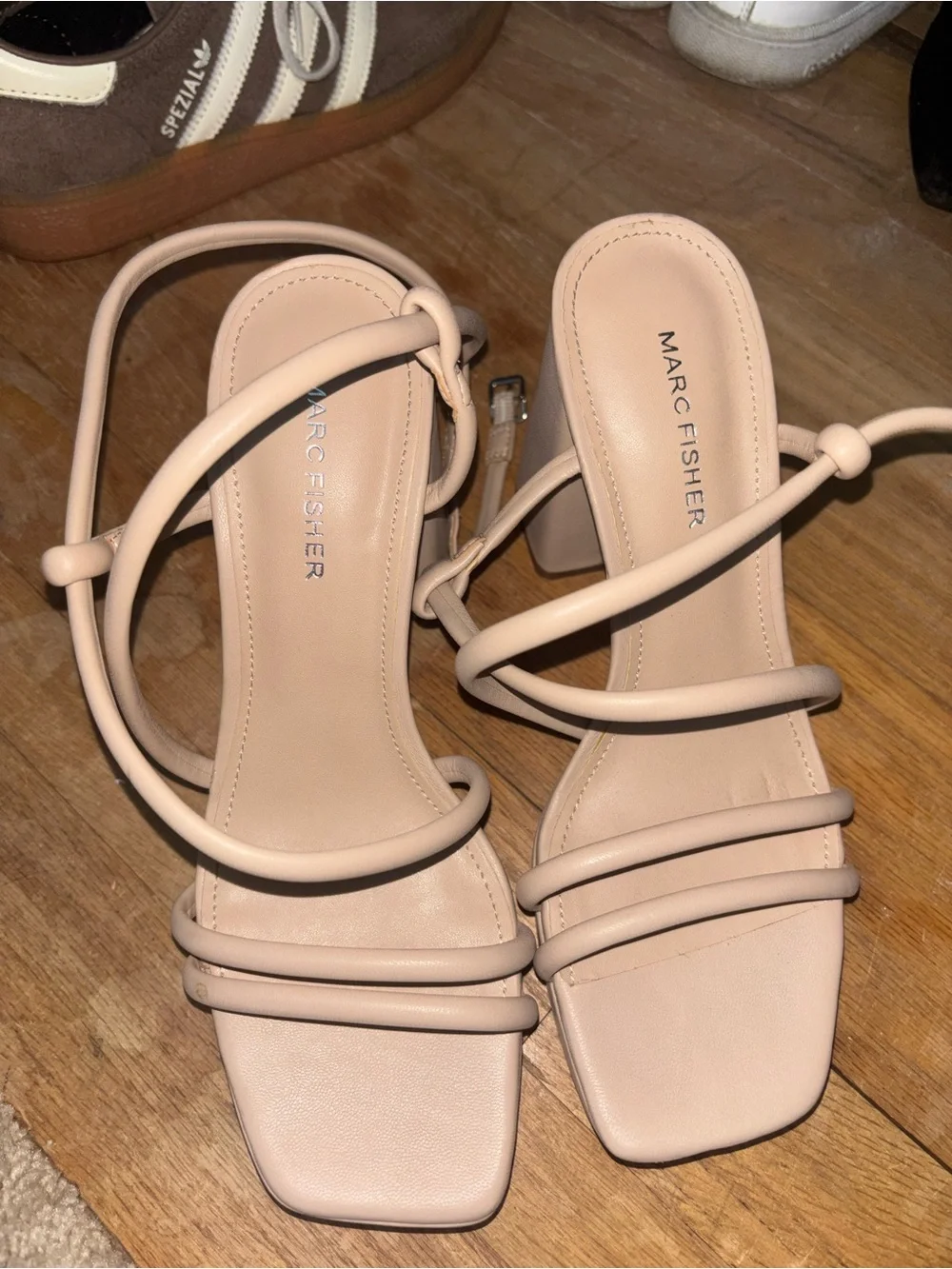 Marc Fisher Beige Strappy Block Heel Sandals